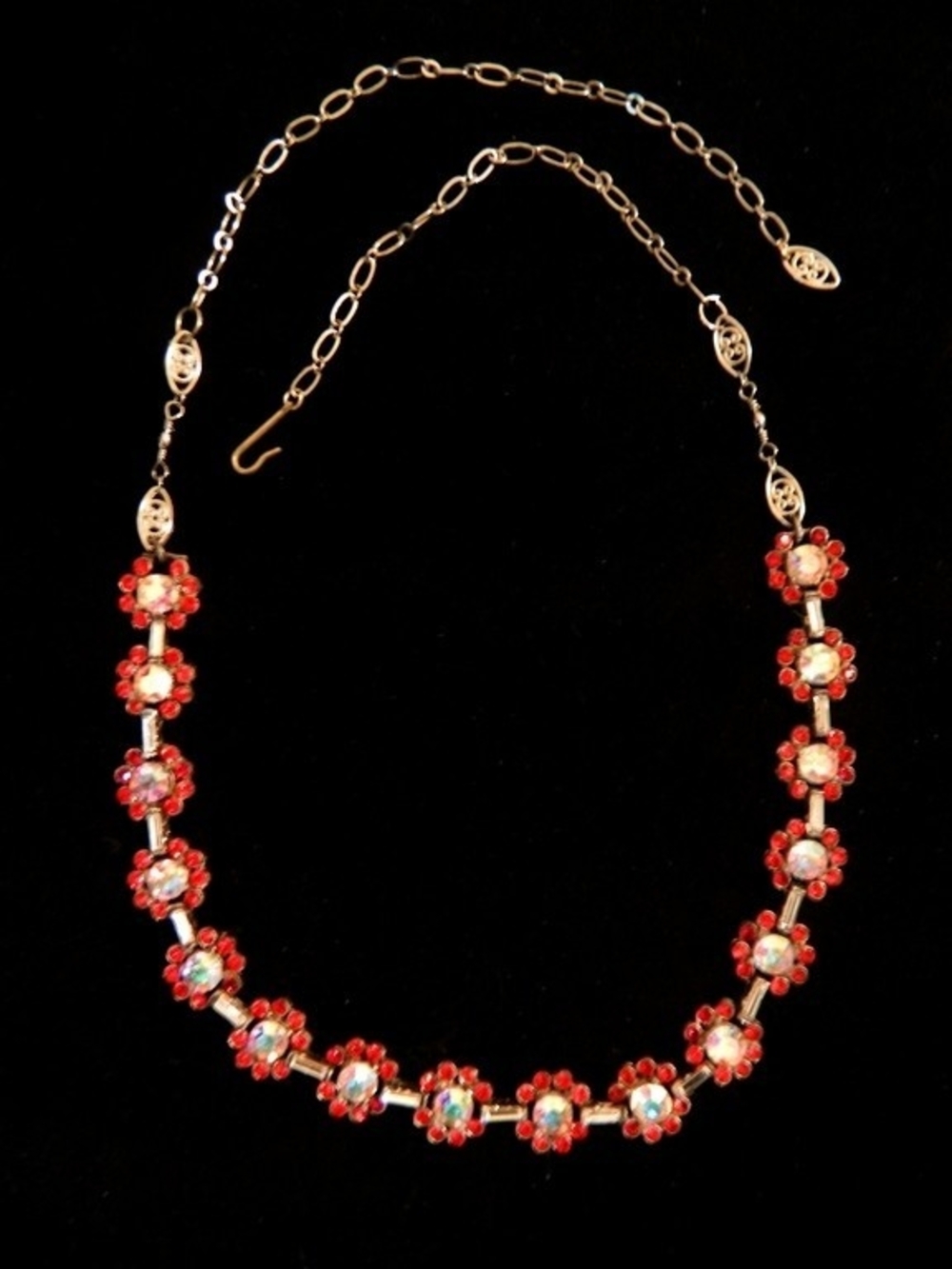 Vintage Gold-Tone Red Floral Rhinestone Necklace - Women Jewelry